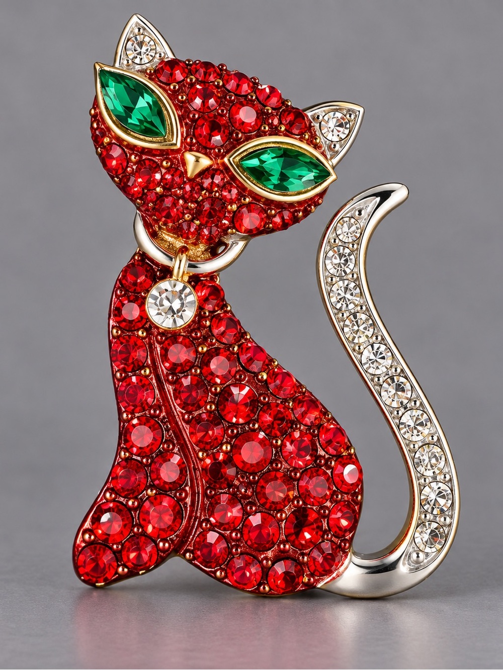 Red Crystal Cat Brooch with Green Eyes - Fashion Jewelry